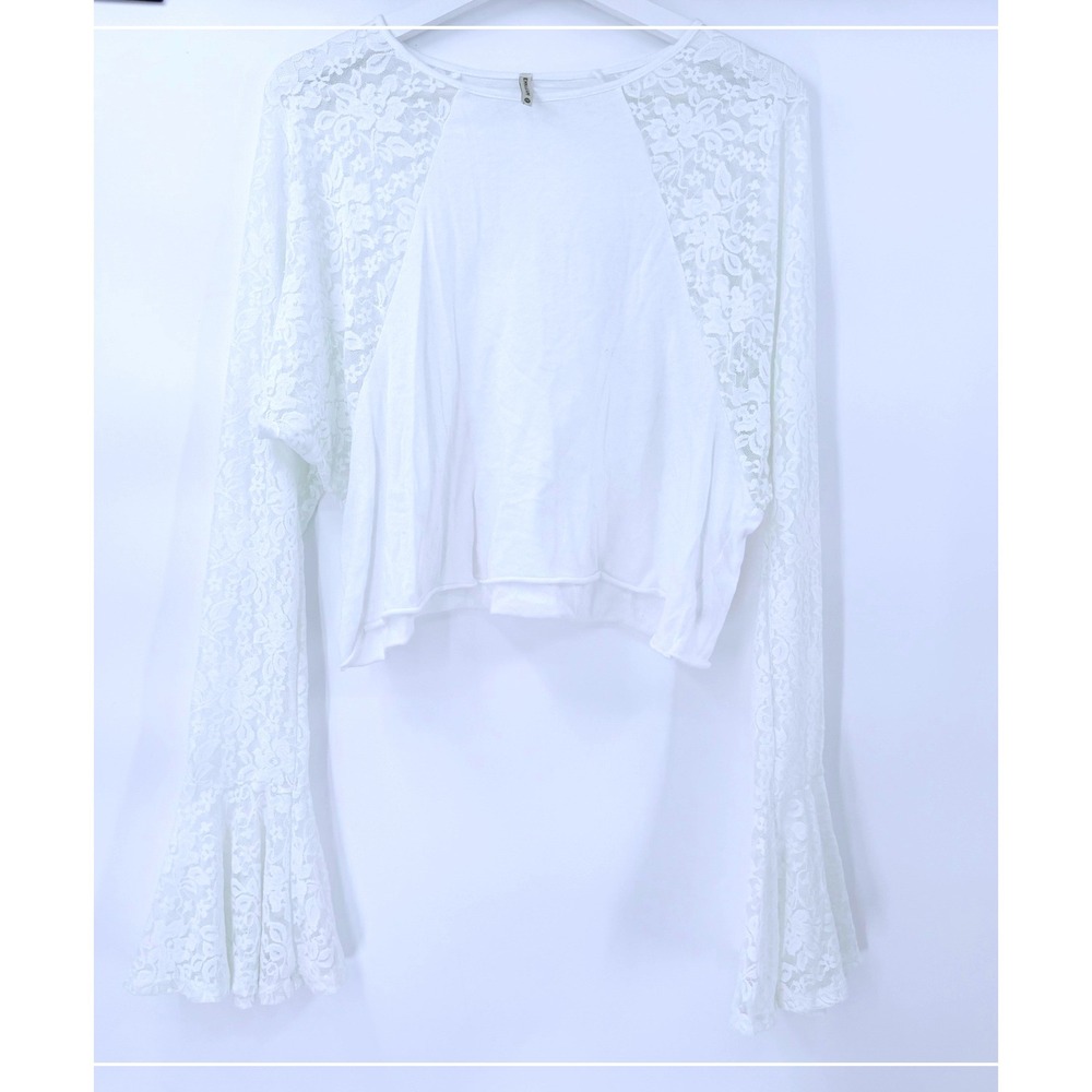 Emma & Sam Lace Bell‎ Sleeve Top Womens Size M White Cropped Boho Raglan Blouse